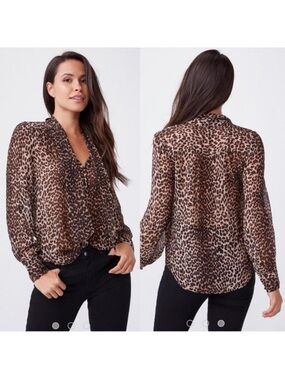 Paige Cleobelle Leopard Print 100% Silk Tieneck Blouse, S